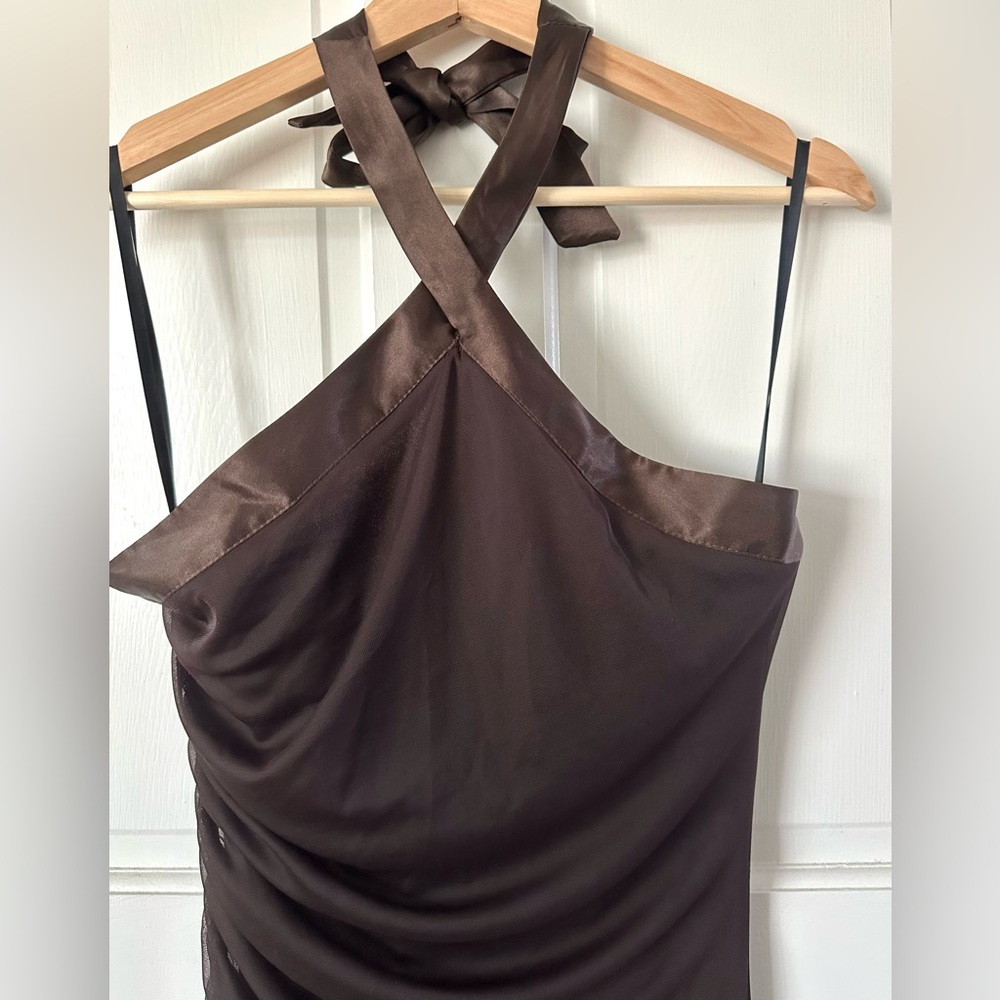 Vintage 90s A. Byer Brown Halter Dress Asymmetrical Sequin Tiered Flutter Size L - Picture 2 of 15